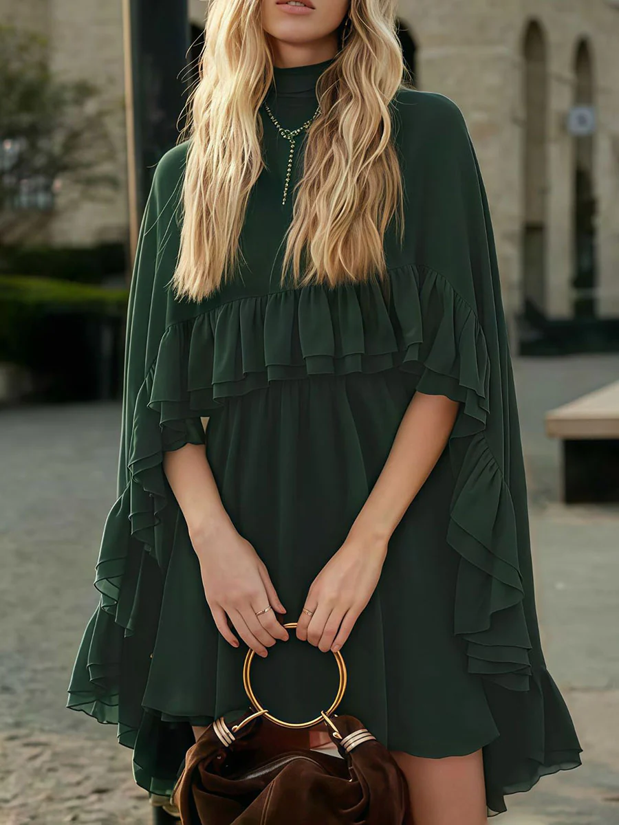 High Waisted Sleeveless Pleated Ruffled Solid Color Split-Joint Tied Mock Neck Mini Dresses Two Pieces Set - Image 9