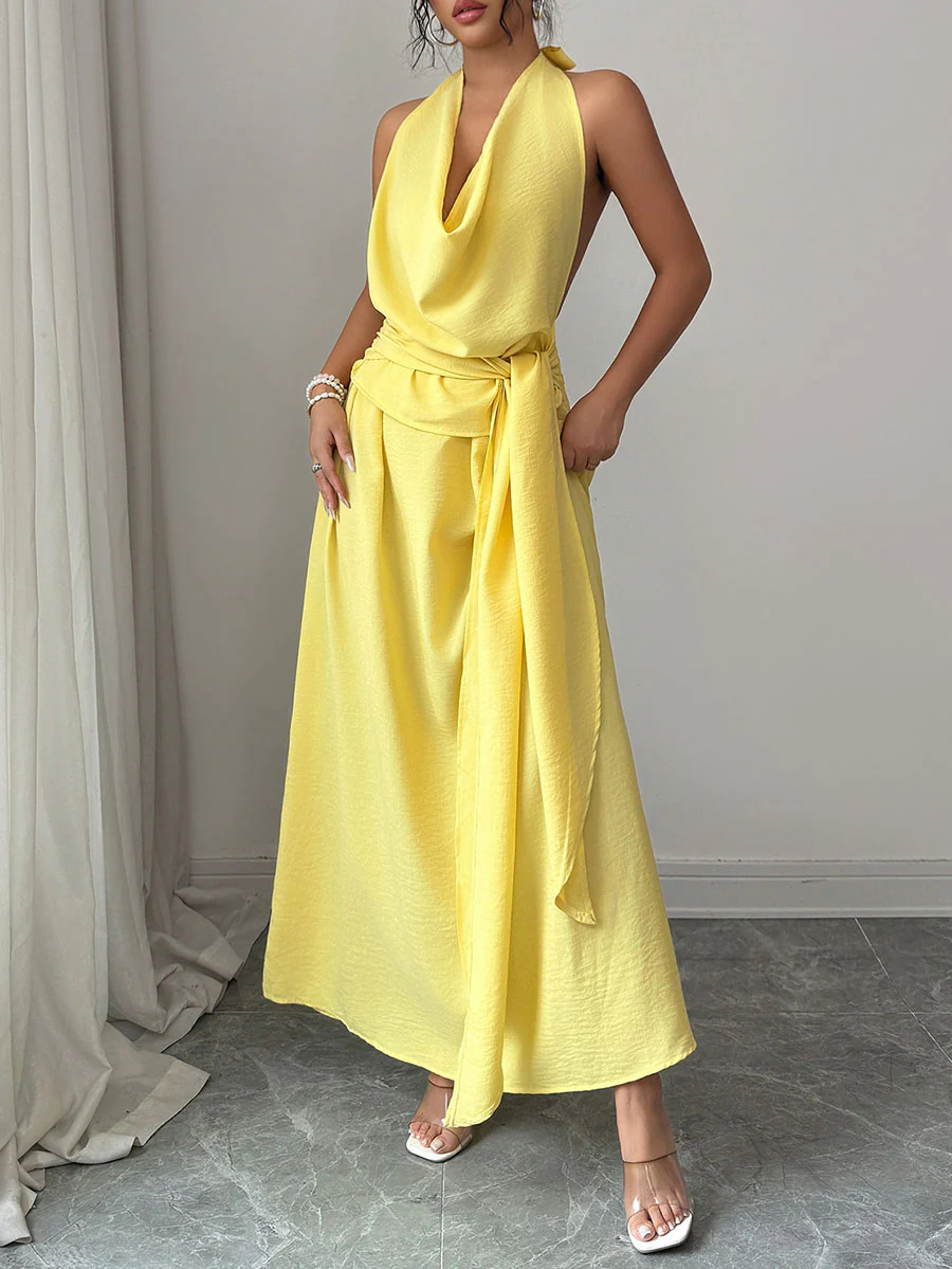High Waisted Sleeveless Pleated Solid Color Tied Waist Halter-Neck Midi Dresses