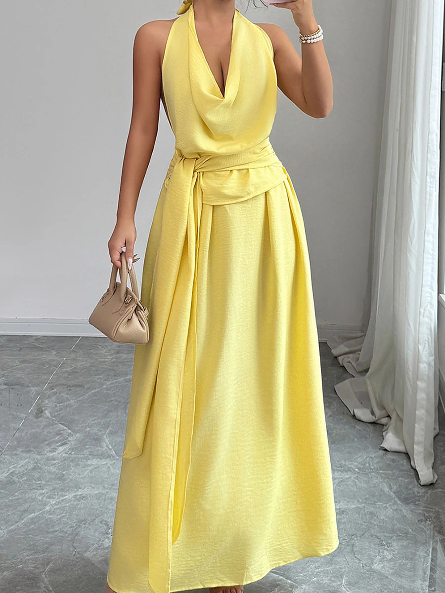 High Waisted Sleeveless Pleated Solid Color Tied Waist Halter-Neck Midi Dresses - Image 2