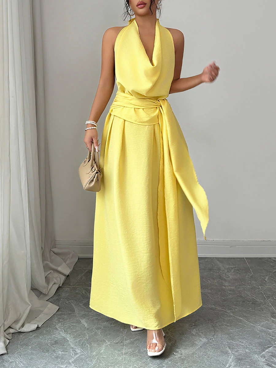 High Waisted Sleeveless Pleated Solid Color Tied Waist Halter-Neck Midi Dresses - Image 3