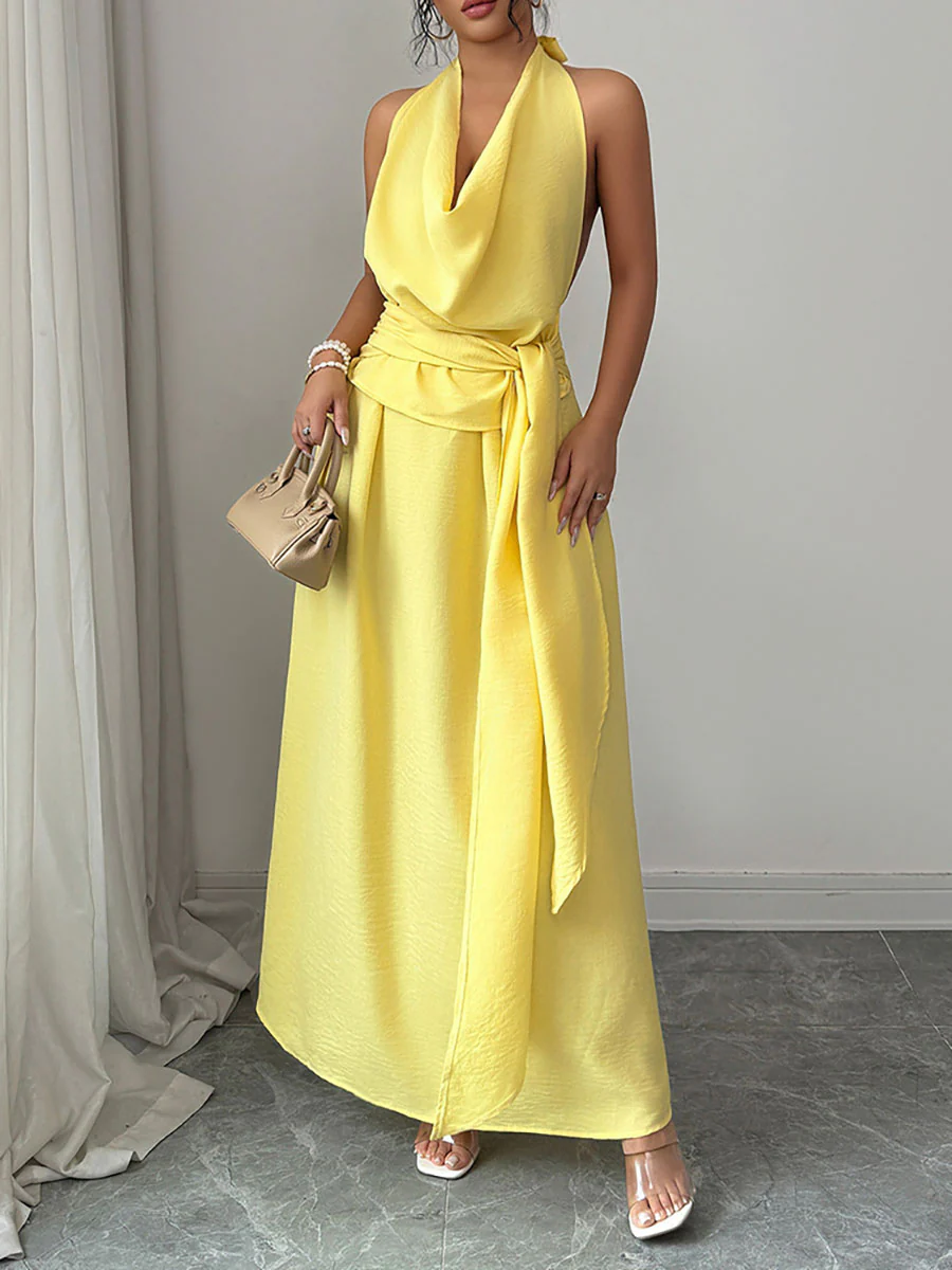High Waisted Sleeveless Pleated Solid Color Tied Waist Halter-Neck Midi Dresses - Image 4
