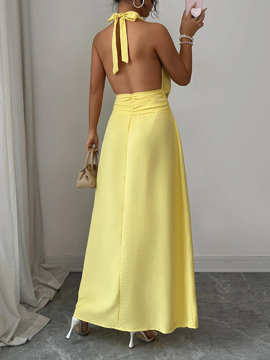High Waisted Sleeveless Pleated Solid Color Tied Waist Halter-Neck Midi Dresses - Image 5