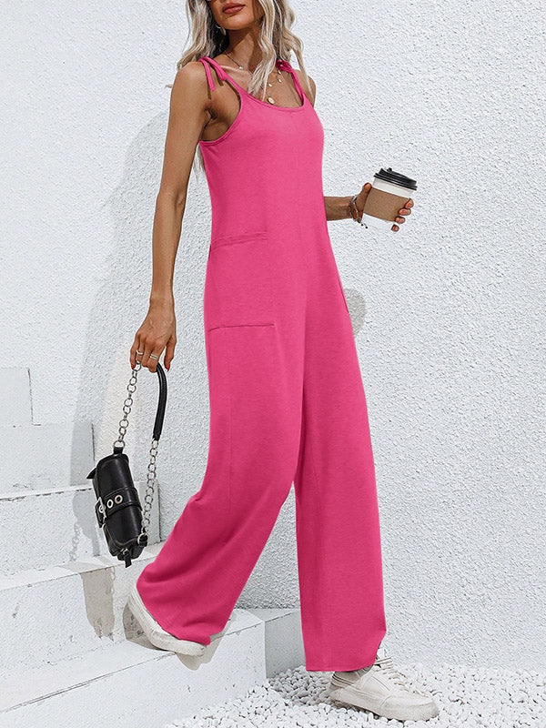 High Waisted Sleeveless Pockets Solid Color Tied Spaghetti-Neck Jumpsuits - Image 10