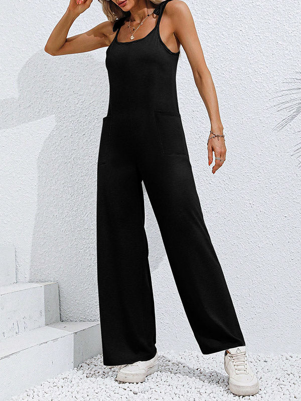 High Waisted Sleeveless Pockets Solid Color Tied Spaghetti-Neck Jumpsuits - Image 5