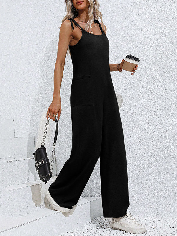 High Waisted Sleeveless Pockets Solid Color Tied Spaghetti-Neck Jumpsuits - Image 6