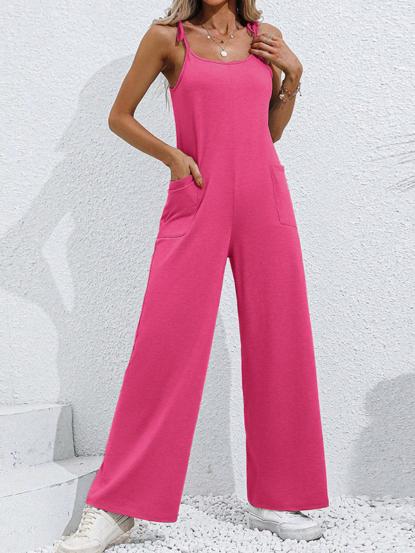 High Waisted Sleeveless Pockets Solid Color Tied Spaghetti-Neck Jumpsuits - Image 7