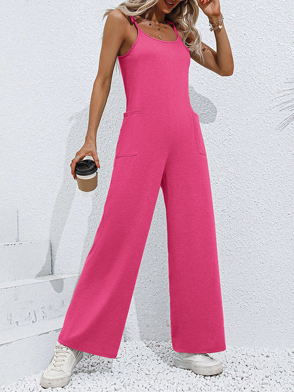 High Waisted Sleeveless Pockets Solid Color Tied Spaghetti-Neck Jumpsuits - Image 8