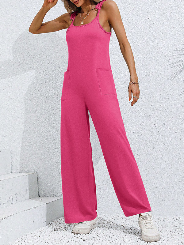 High Waisted Sleeveless Pockets Solid Color Tied Spaghetti-Neck Jumpsuits - Image 9