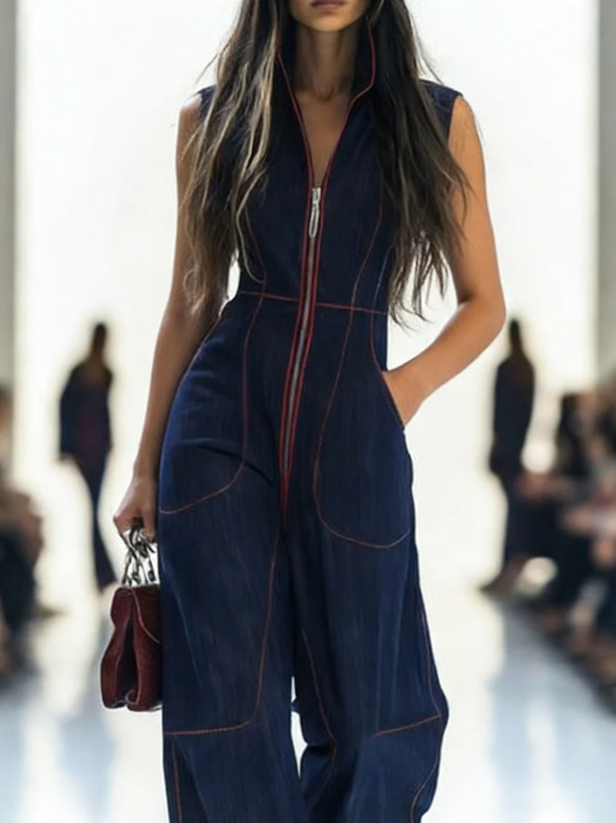 High Waisted Sleeveless Pockets Zipper Stand Collar Jumpsuits - Image 2