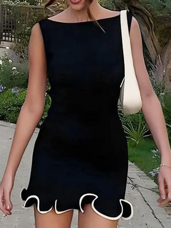 High Waisted Sleeveless Ruffle Trim Solid Color Round-Neck Mini Dresses - Image 2
