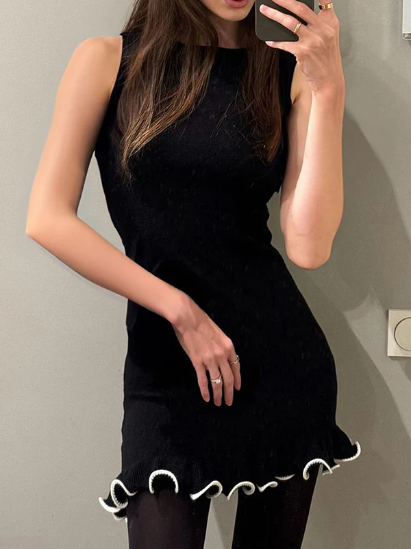 High Waisted Sleeveless Ruffle Trim Solid Color Round-Neck Mini Dresses - Image 3