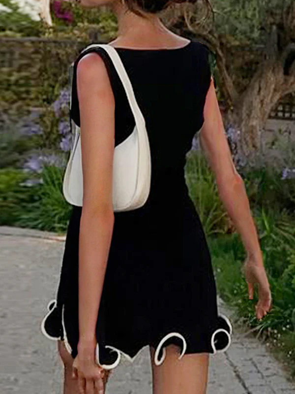 High Waisted Sleeveless Ruffle Trim Solid Color Round-Neck Mini Dresses - Image 4