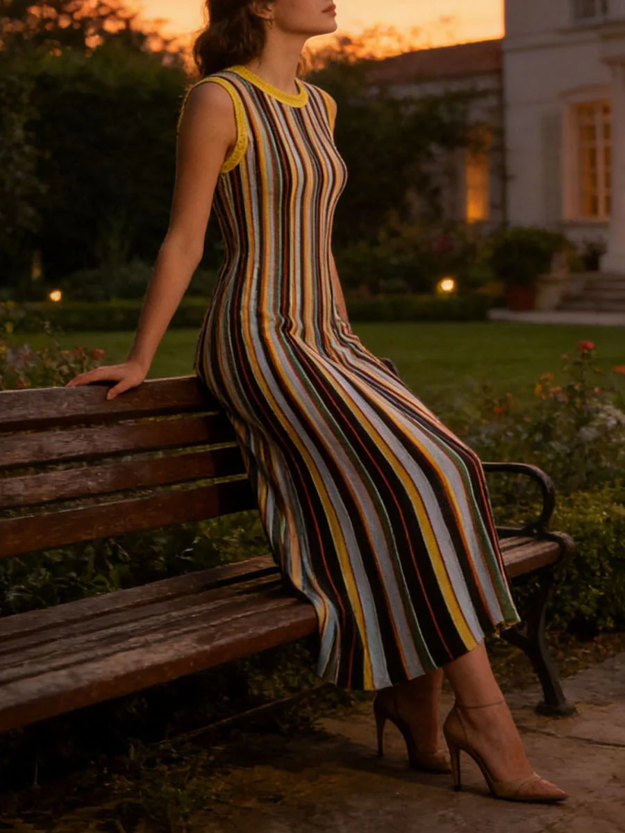 High Waisted Sleeveless Split-Joint Striped Round-Neck Midi Dresses - Image 5