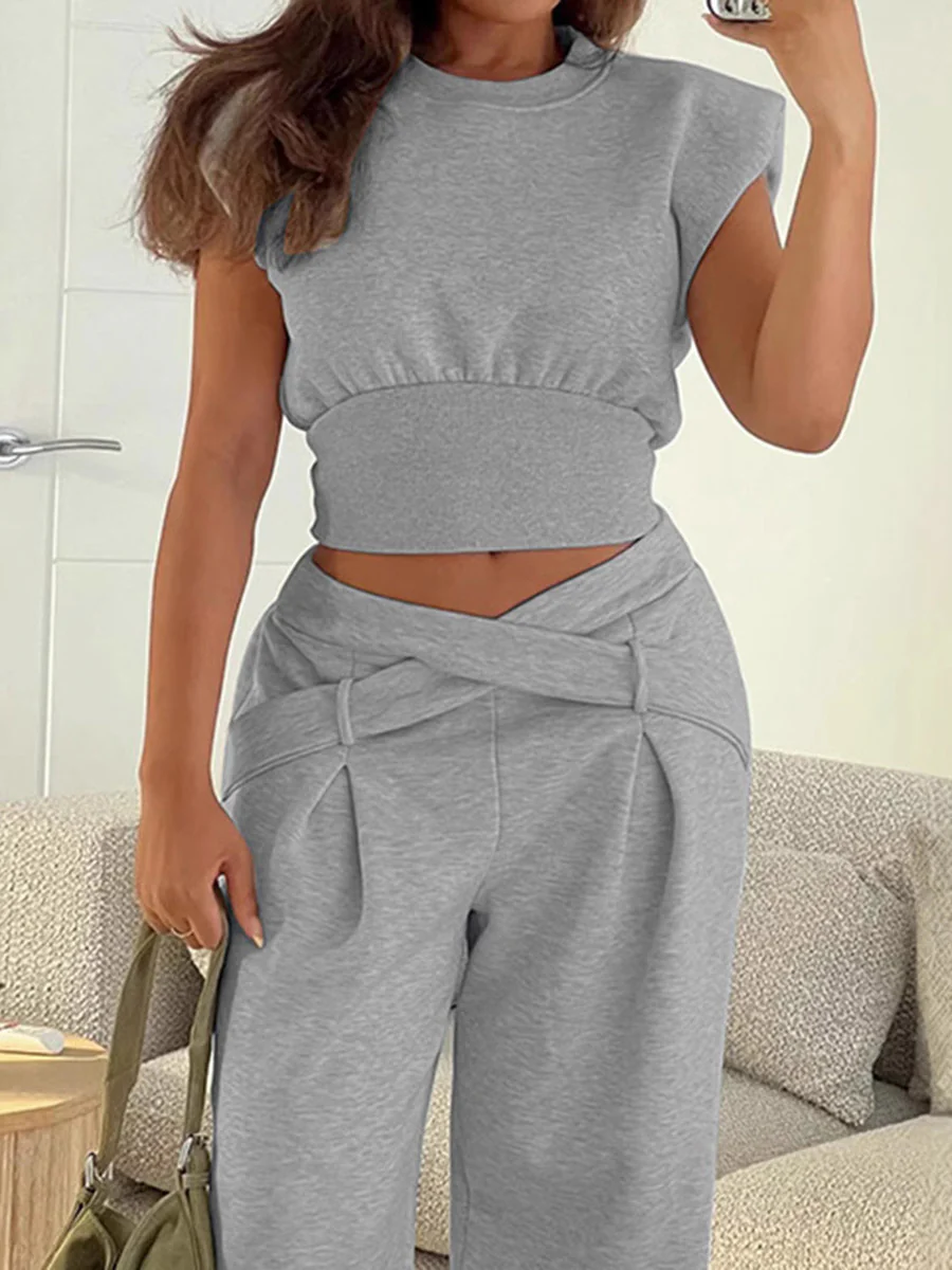 High Waisted Solid Color Split-Joint  Round-Neck Cropped  Sweatershirt  + Twist Pants Two Pieces Set - Image 4