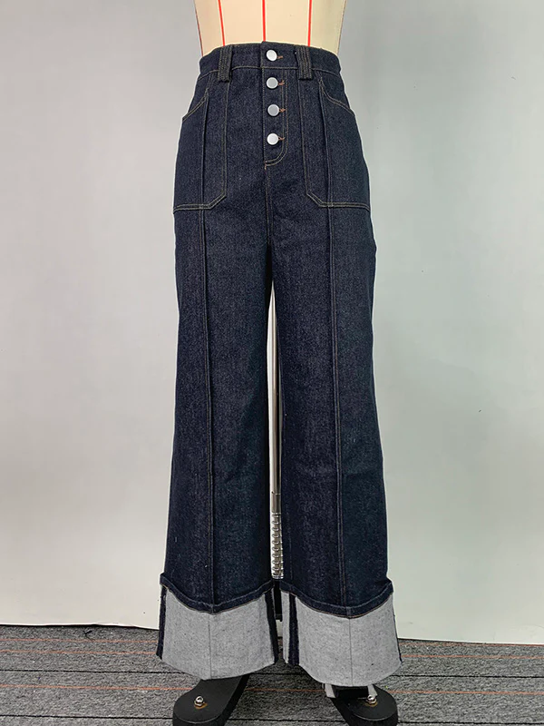 High Waisted Straight Leg Contrast Color Split-Joint Jean Pants Bottoms - Image 11