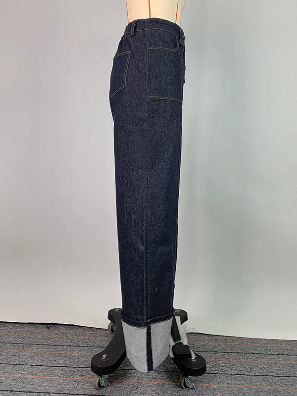 High Waisted Straight Leg Contrast Color Split-Joint Jean Pants Bottoms - Image 12
