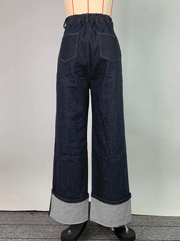 High Waisted Straight Leg Contrast Color Split-Joint Jean Pants Bottoms - Image 13