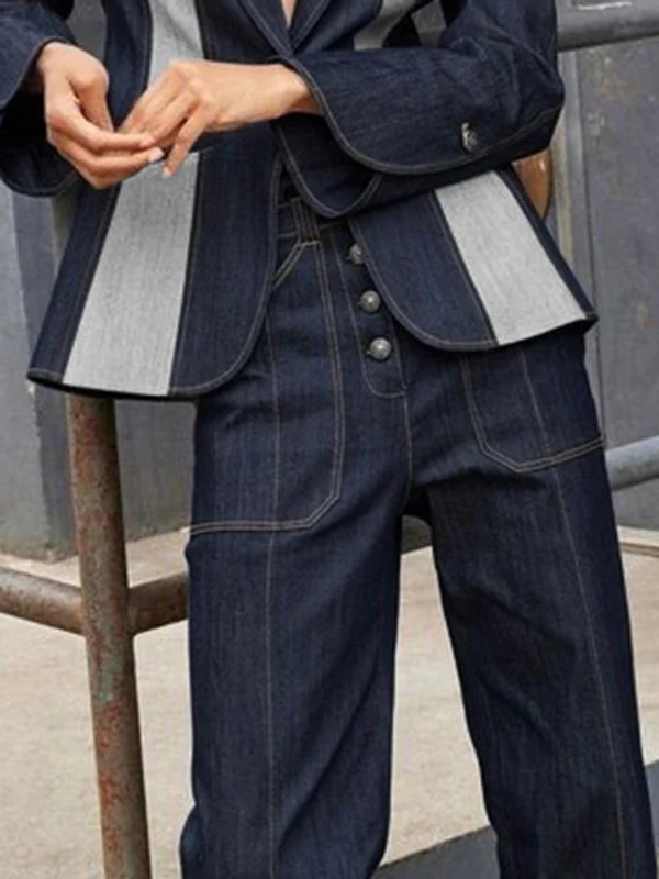 High Waisted Straight Leg Contrast Color Split-Joint Jean Pants Bottoms - Image 3