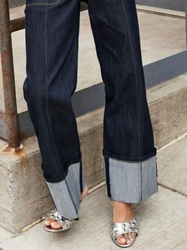 High Waisted Straight Leg Contrast Color Split-Joint Jean Pants Bottoms - Image 4