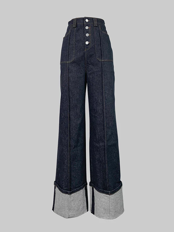 High Waisted Straight Leg Contrast Color Split-Joint Jean Pants Bottoms - Image 5