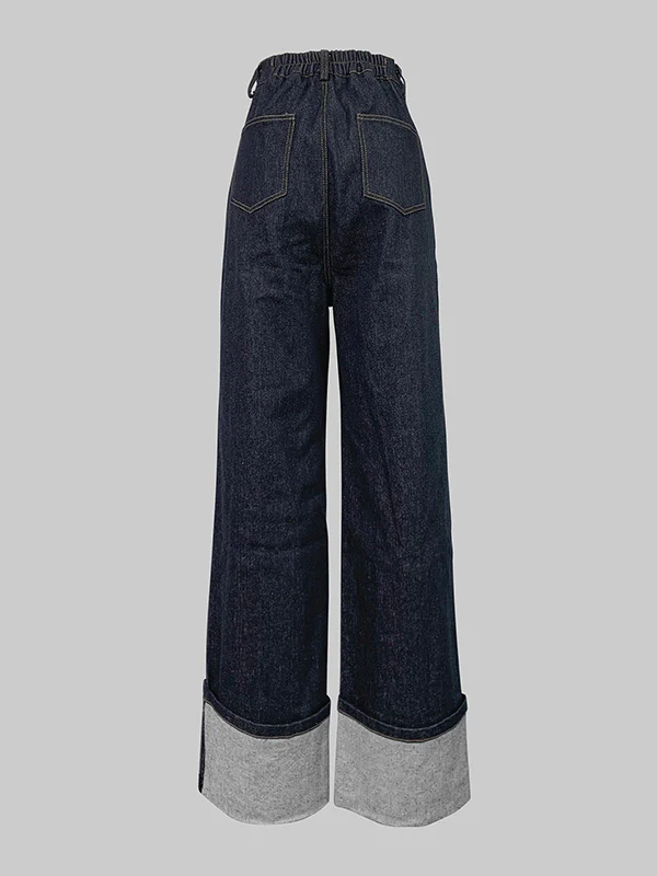 High Waisted Straight Leg Contrast Color Split-Joint Jean Pants Bottoms - Image 6