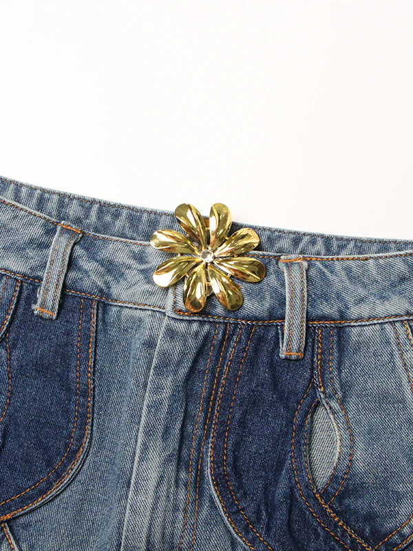 High Waisted Straight Leg Flower Shape Hollow Jean Pants Bottoms - Image 10