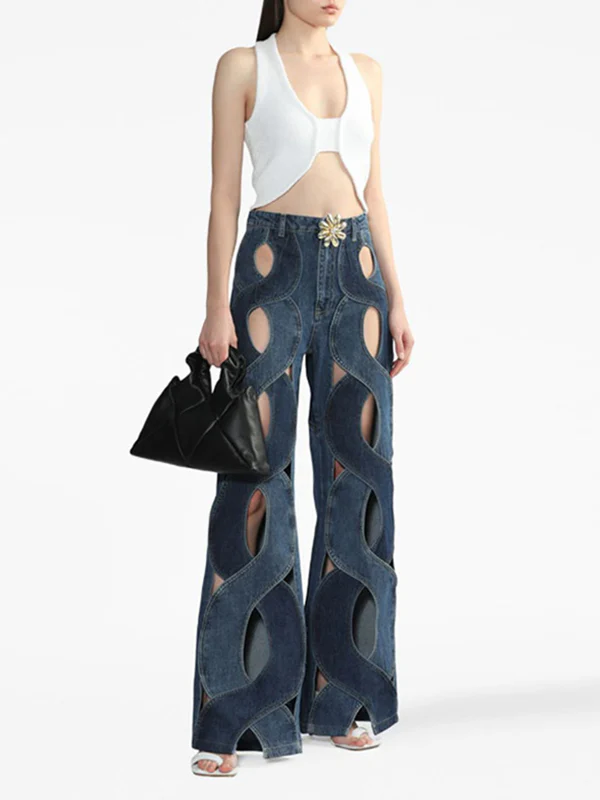 High Waisted Straight Leg Flower Shape Hollow Jean Pants Bottoms - Image 2