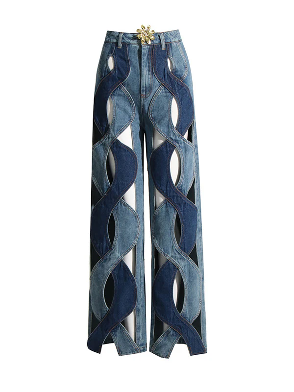 High Waisted Straight Leg Flower Shape Hollow Jean Pants Bottoms - Image 3