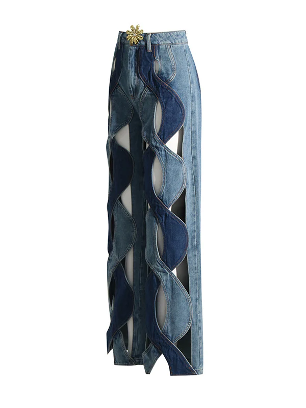 High Waisted Straight Leg Flower Shape Hollow Jean Pants Bottoms - Image 4