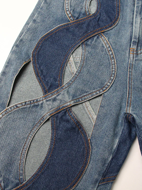High Waisted Straight Leg Flower Shape Hollow Jean Pants Bottoms - Image 7