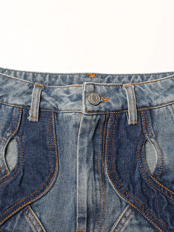 High Waisted Straight Leg Flower Shape Hollow Jean Pants Bottoms - Image 9