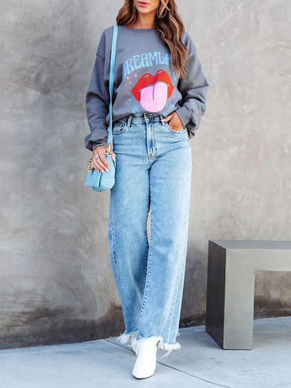 High Waisted Straight Leg Fringed Split-Joint Jean Pants Bottoms - Image 2