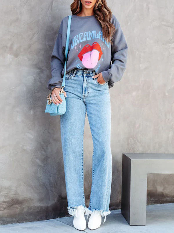High Waisted Straight Leg Fringed Split-Joint Jean Pants Bottoms - Image 3