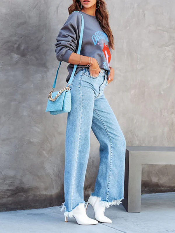 High Waisted Straight Leg Fringed Split-Joint Jean Pants Bottoms - Image 4