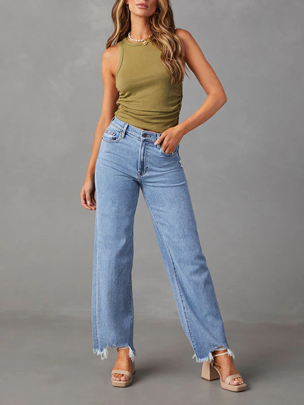 High Waisted Straight Leg Fringed Split-Joint Jean Pants Bottoms - Image 5