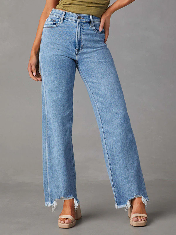 High Waisted Straight Leg Fringed Split-Joint Jean Pants Bottoms - Image 7
