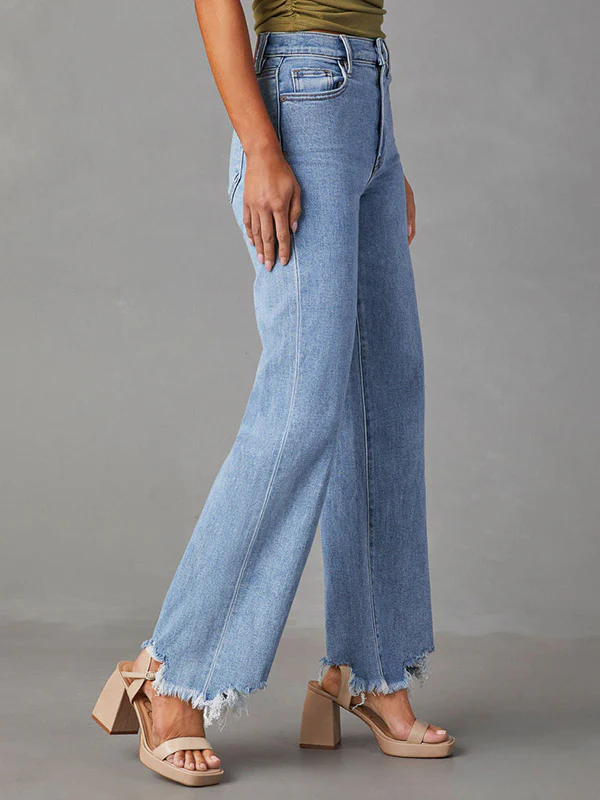 High Waisted Straight Leg Fringed Split-Joint Jean Pants Bottoms - Image 8