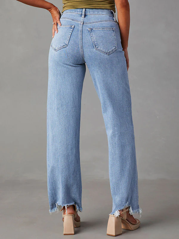 High Waisted Straight Leg Fringed Split-Joint Jean Pants Bottoms - Image 9
