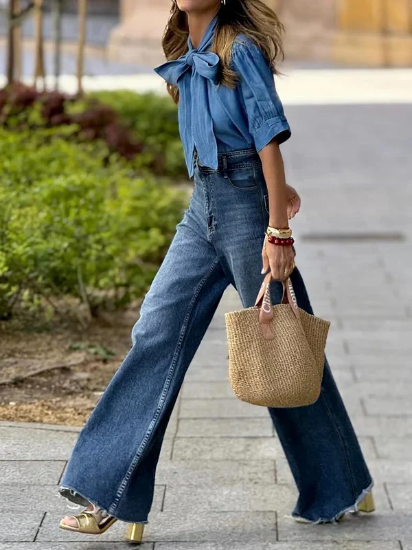 High Waisted Straight Leg Gradient Split-Joint Jean Pants Bottoms - Image 3