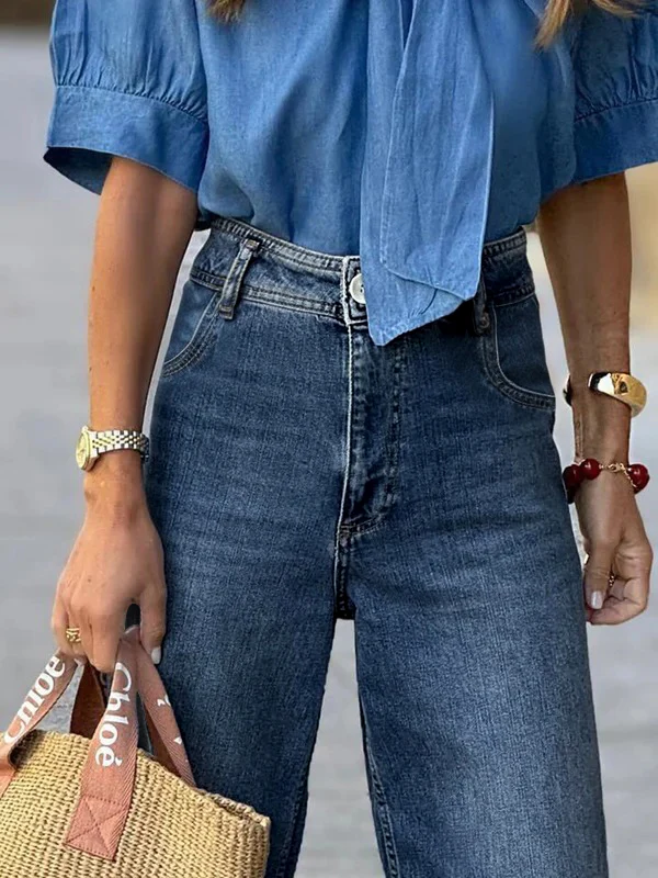 High Waisted Straight Leg Gradient Split-Joint Jean Pants Bottoms - Image 4