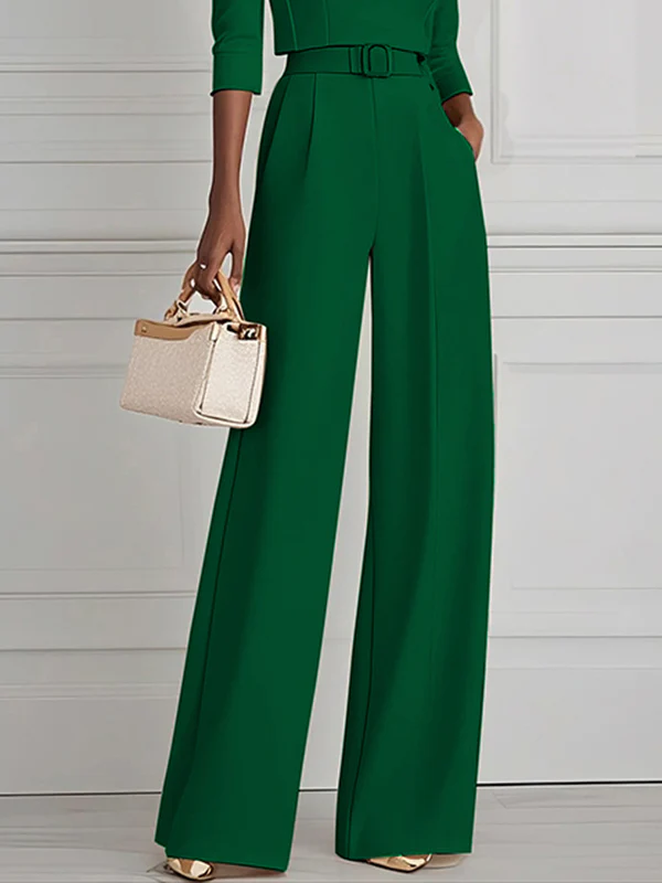 High Waisted Straight Leg Pleated Solid Color Split-Joint Pants Trousers - Image 3