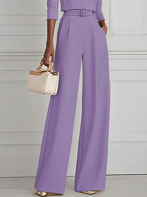 High Waisted Straight Leg Pleated Solid Color Split-Joint Pants Trousers - Image 4