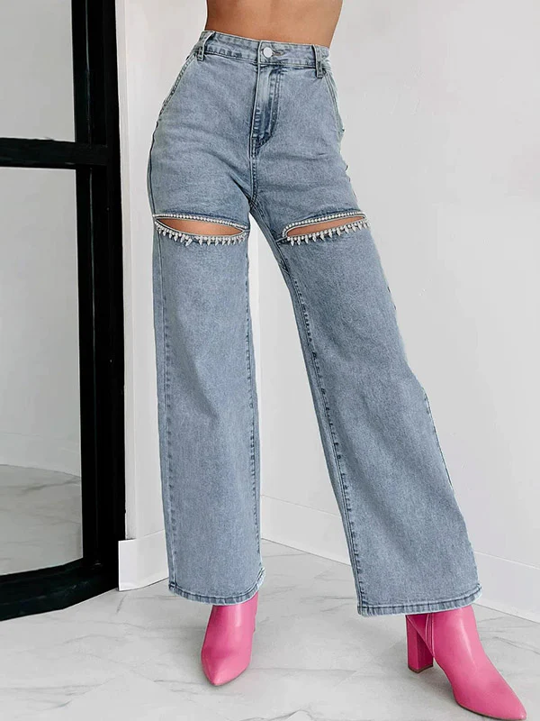 High Waisted Straight Leg Ripped Split-Joint Jean Pants Bottoms - Image 3
