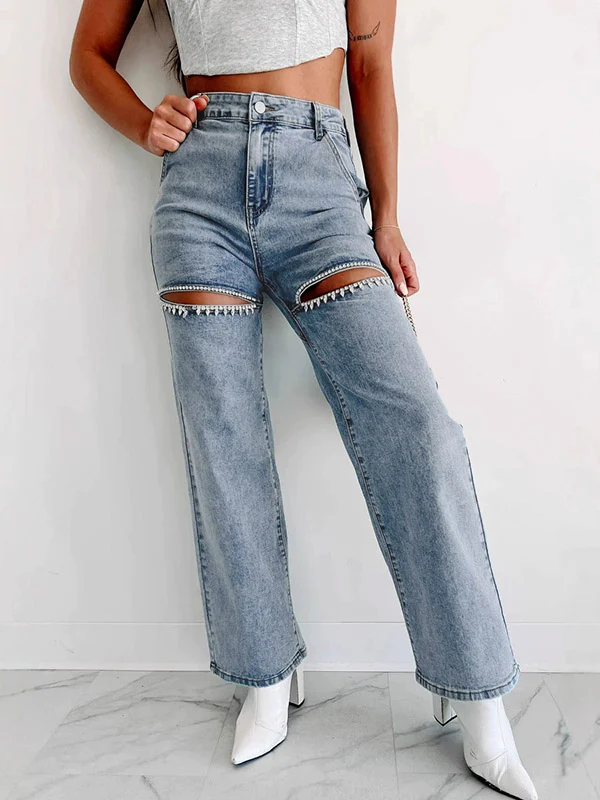 High Waisted Straight Leg Ripped Split-Joint Jean Pants Bottoms - Image 4