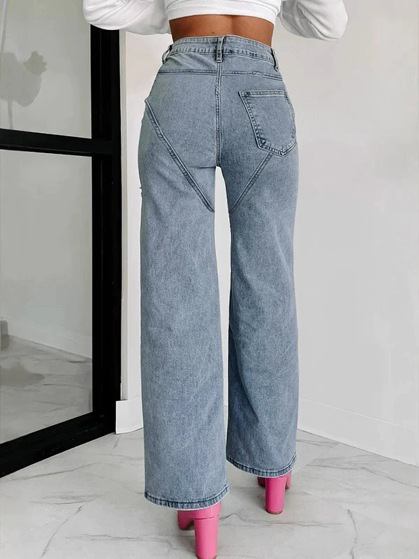 High Waisted Straight Leg Ripped Split-Joint Jean Pants Bottoms - Image 5
