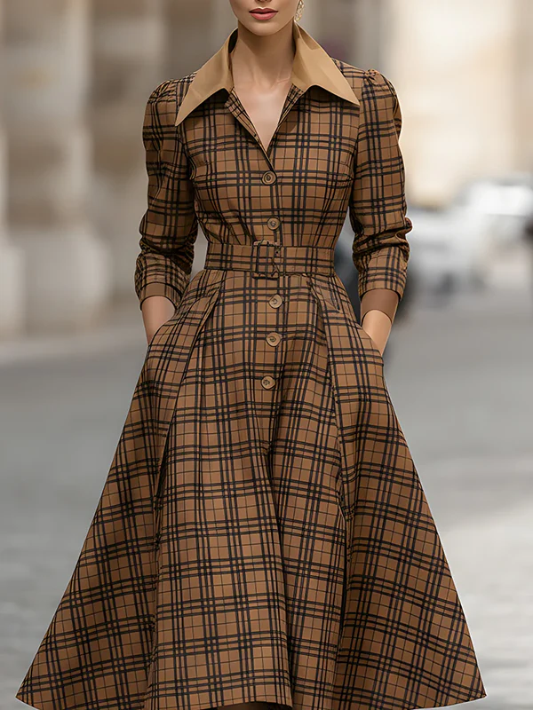 High Waisted Three-Quarter Sleeves Belted Buttoned Plaid Pleated Pockets Lapel Midi Dresses - Image 2