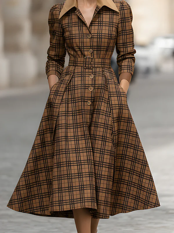 High Waisted Three-Quarter Sleeves Belted Buttoned Plaid Pleated Pockets Lapel Midi Dresses - Image 3