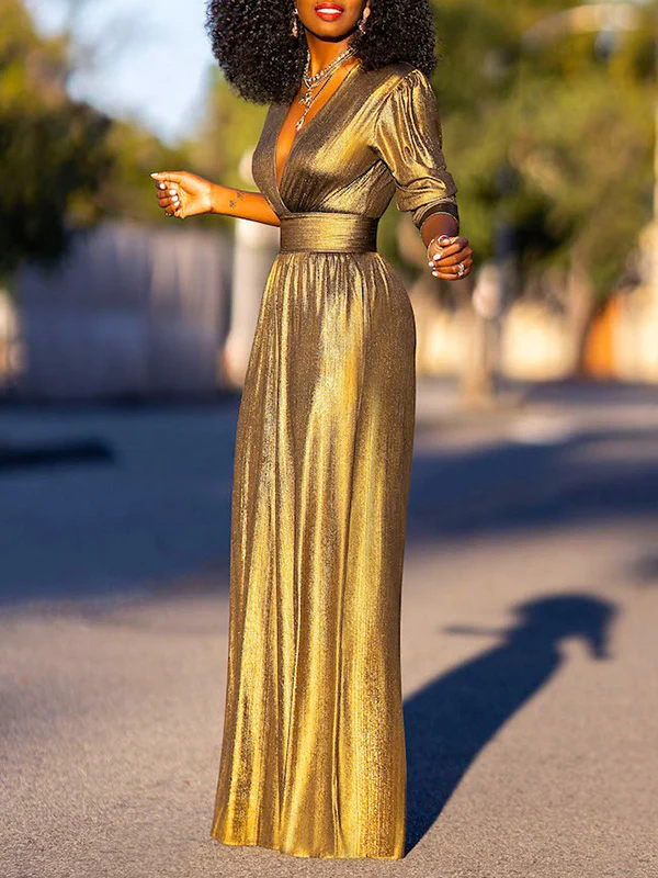 High Waisted Three-Quarter Sleeves Shiny Solid Color Deep V-Neck Jumpsuits Bottoms - Image 10