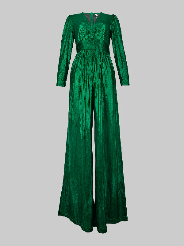 High Waisted Three-Quarter Sleeves Shiny Solid Color Deep V-Neck Jumpsuits Bottoms - Image 20