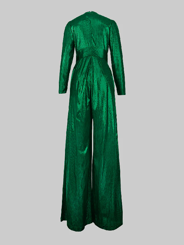 High Waisted Three-Quarter Sleeves Shiny Solid Color Deep V-Neck Jumpsuits Bottoms - Image 21